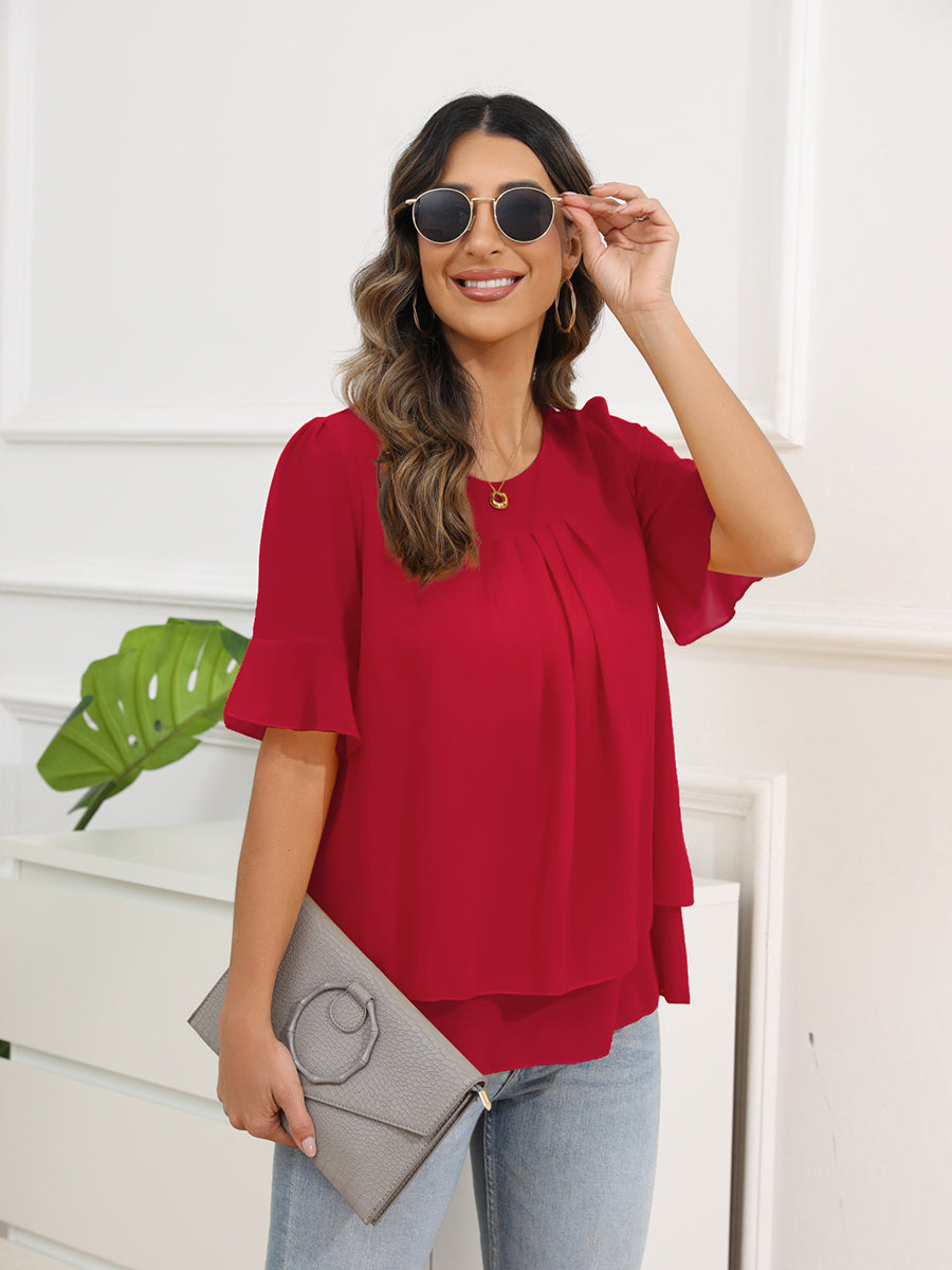 Solid Color Round Neck Short Sleeve Pleated Chiffon Blouse