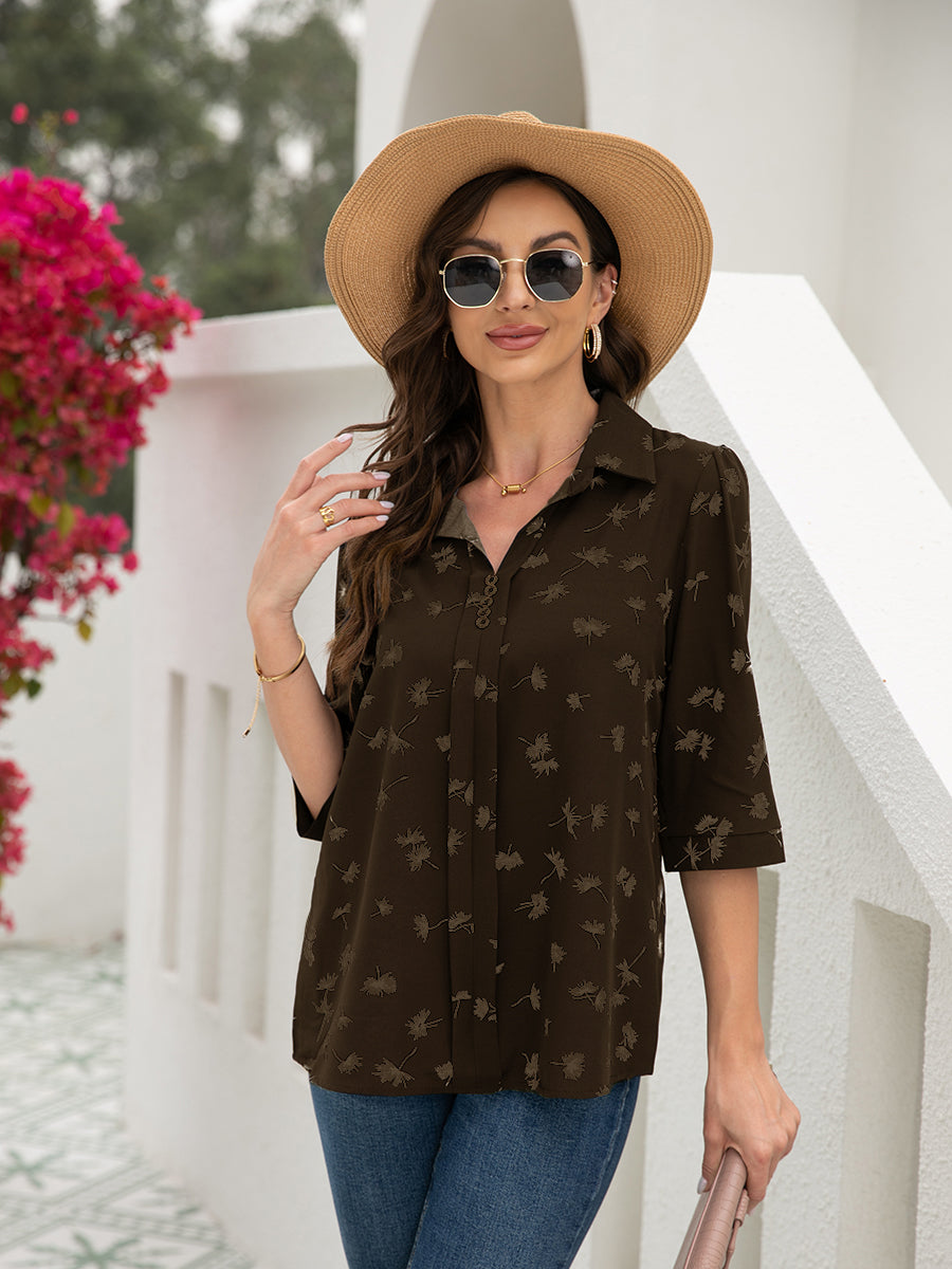 Button Floral Loose Sleeve T-Shirt