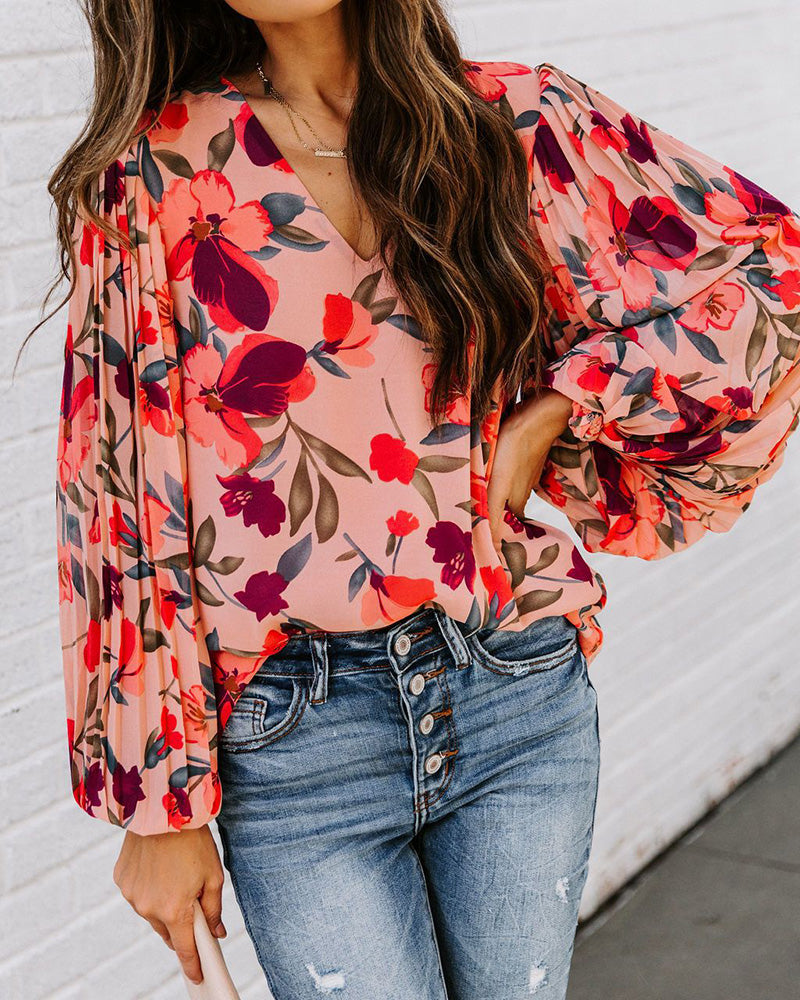 Casual Floral Shirts Top Tunics Loose Print V Neck Long Sleeve Blouses