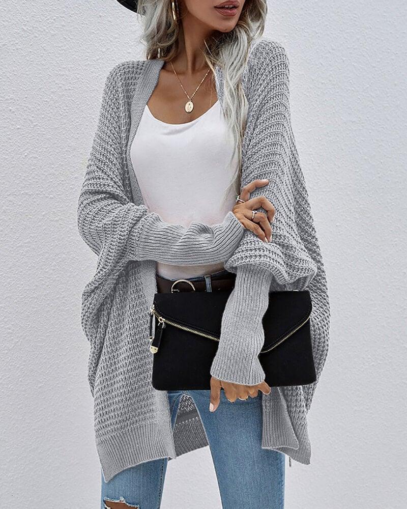 Batwing Sleeve Split Hem Open Front Cardigan