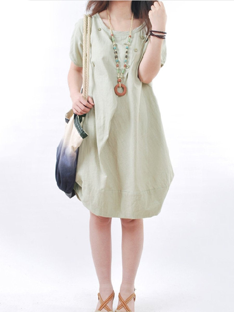 Solid Round Neck Pocket Sack Shift Dress