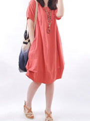 Solid Round Neck Pocket Sack Shift Dress