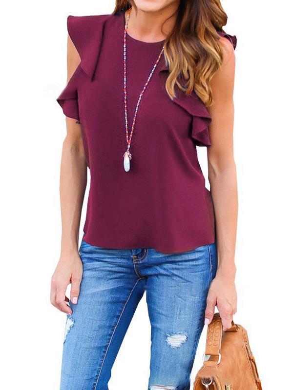 Fashionable ruffled plain colour pullover chiffon T-shirts