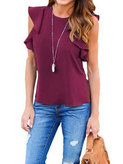 Fashionable ruffled plain colour pullover chiffon T-shirts
