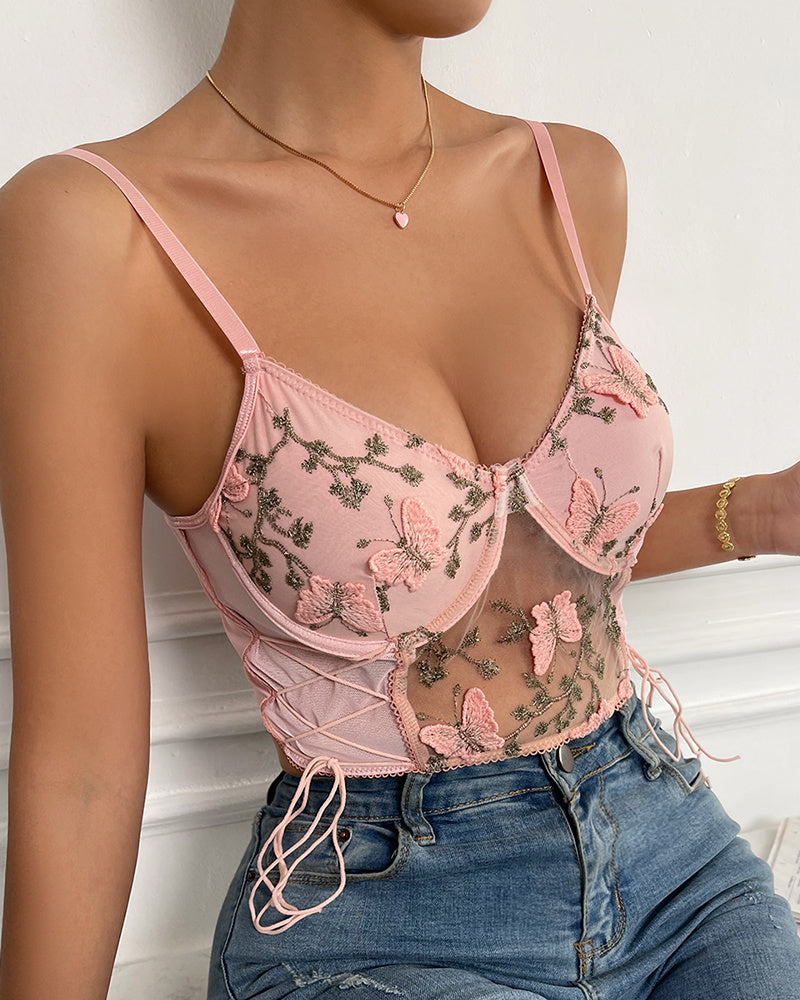 Butterfly Embroidered Side Tie Sling Crop Top