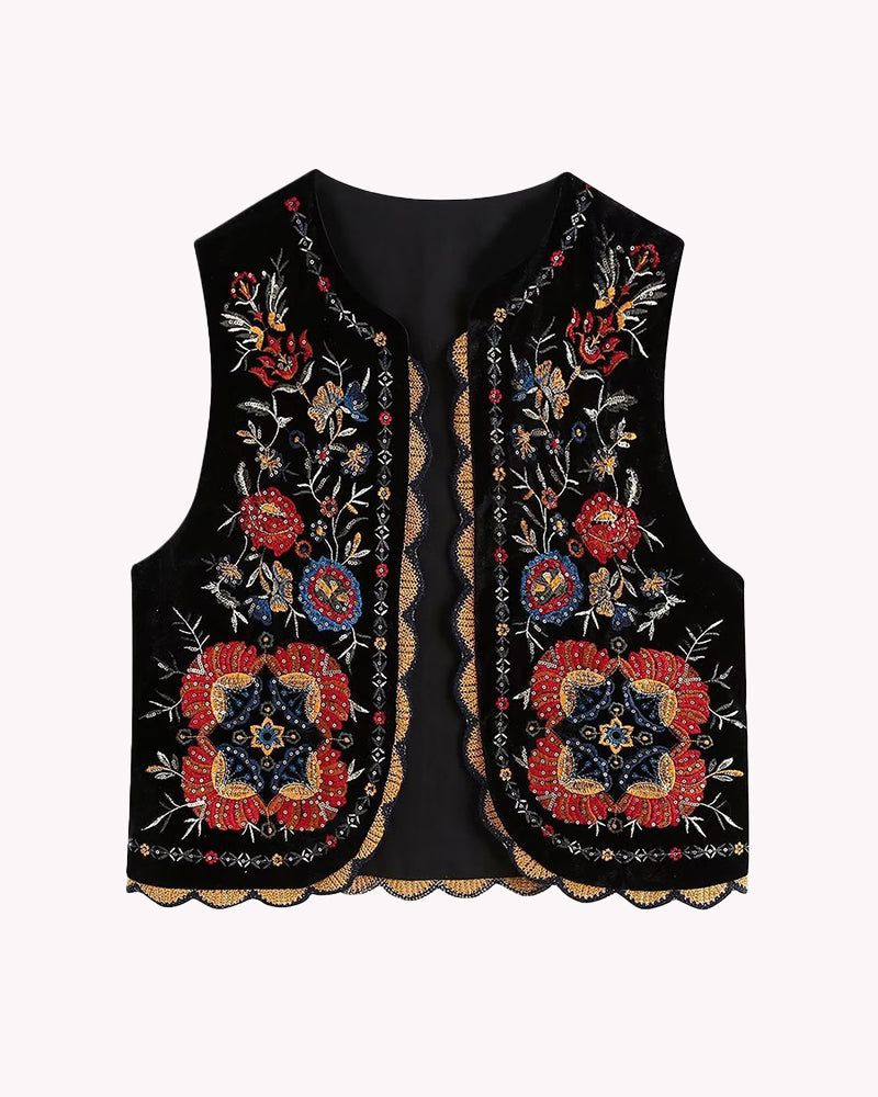 Buttonless Retro Ethnic Style Embroidered Vest Sleeveless Cardigan Crop Top