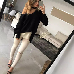 Sexy V-Neck Shoulder Out Irregular Sweater
