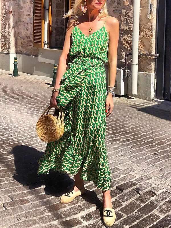 Fashion Women Green Chiffon Printed Strap Maxi Dress