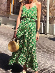 Fashion Women Green Chiffon Printed Strap Maxi Dress