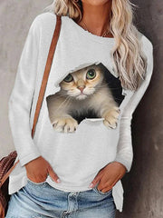 Fashion women's round neck pullover cat long sleeve T-shirts