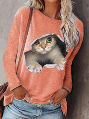 Fashion women's round neck pullover cat long sleeve T-shirts