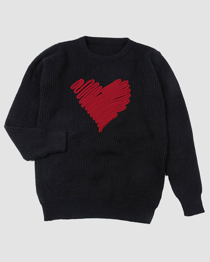 Casual Heart Round Neck Pullovers Long Sleeve Sweaters