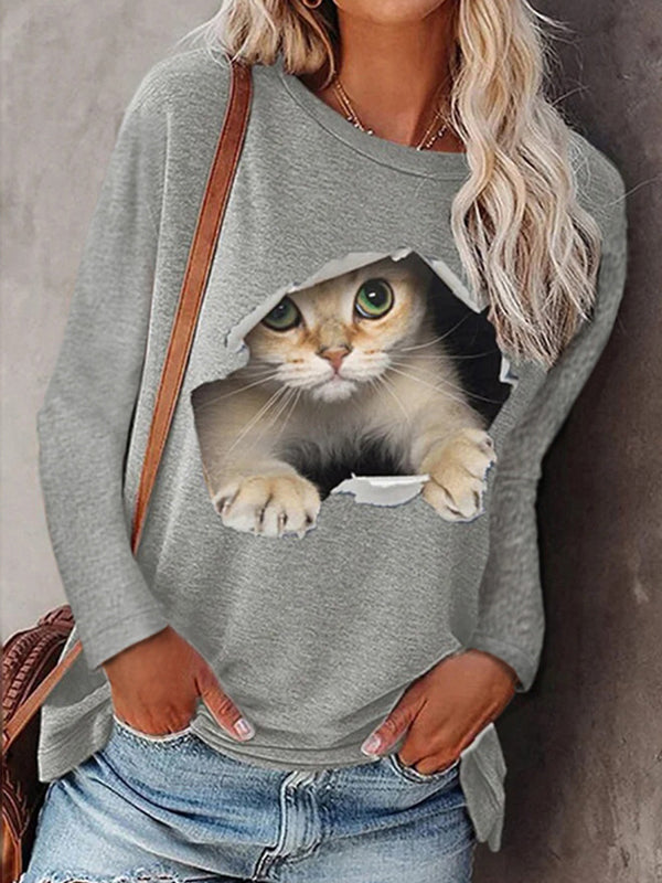 Fashion women's round neck pullover cat long sleeve T-shirts