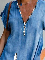 Fashion v neck zipper women Shift Short Sleeve Dresses