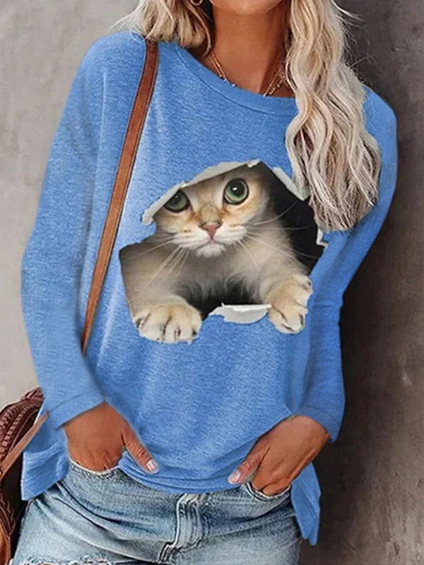Fashion women's round neck pullover cat long sleeve T-shirts