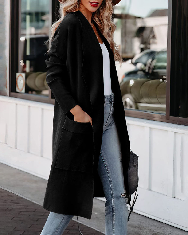 Casual Long Sleeve Draped Open Front Knit Pockets Long Cardigan Jackets Sweater