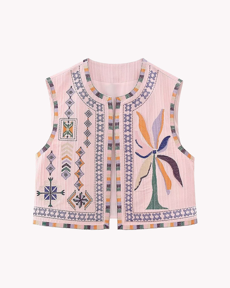 Buttonless Retro Ethnic Style Embroidered Vest Sleeveless Cardigan Crop Top