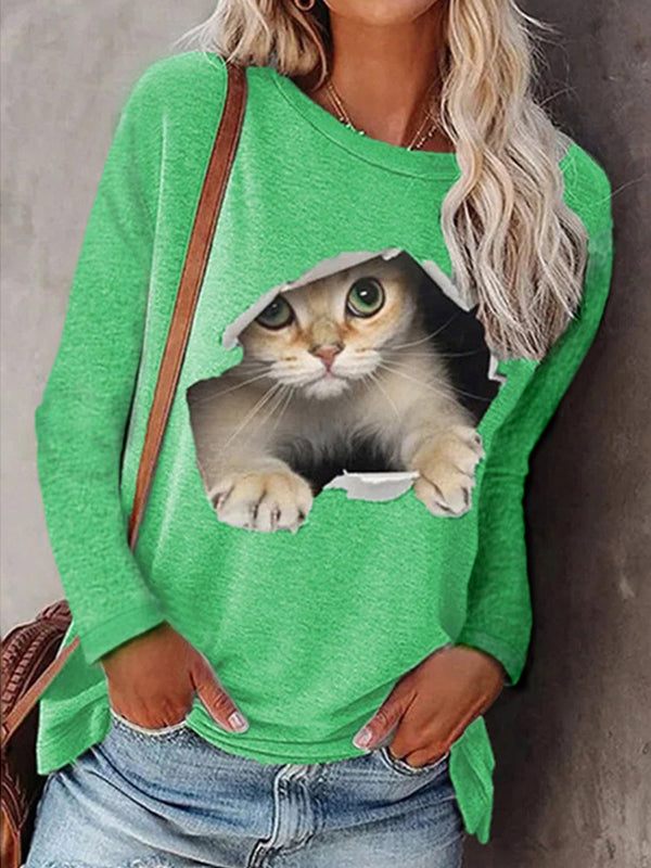 Fashion women's round neck pullover cat long sleeve T-shirts