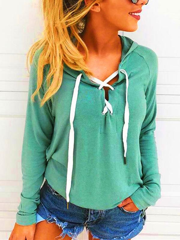 Fashion Woman Daily Hooded Drawstring Plain Hoodies