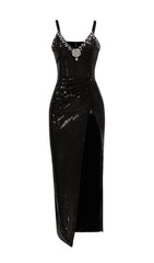 SEQUIN CRYSTAL V NECK MAXI DRESS IN BLACK