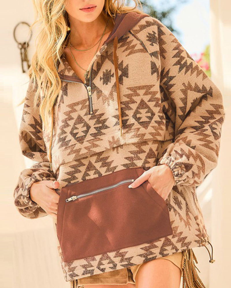 Aztec Pull Over Hoodie with Zipper and Side Pockets, Long Sleeve BOHO Western style