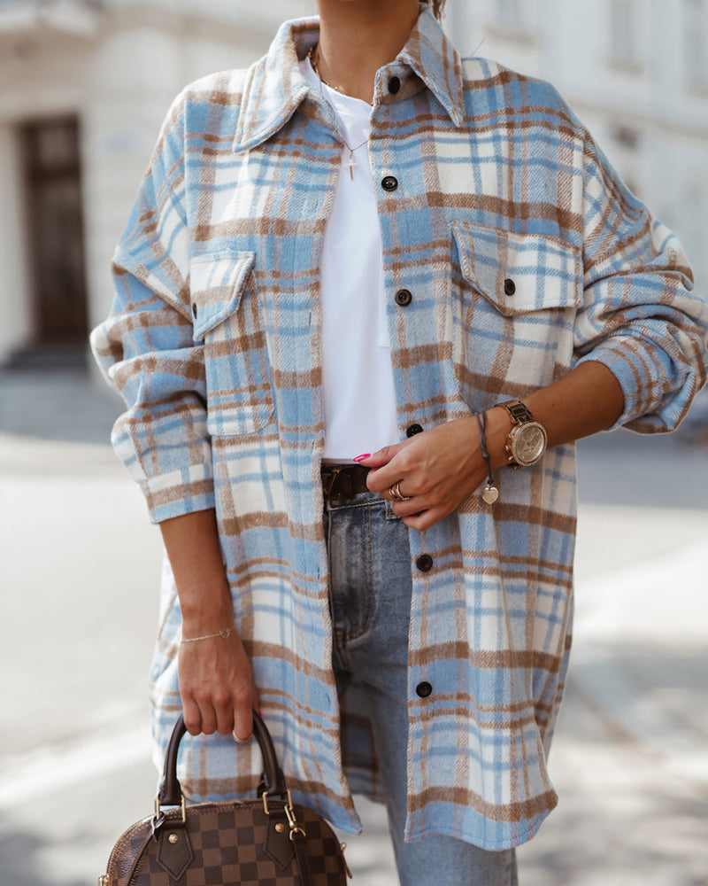 Button Down Oversized Flannel Plaid Print Shirt Jacket