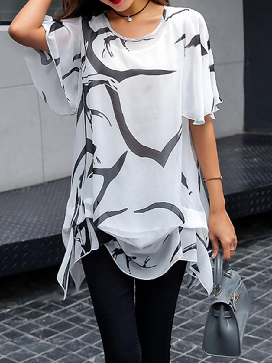 Size Curve Blouses Plus Size Printed Pattern Loose Chiffon Blouse