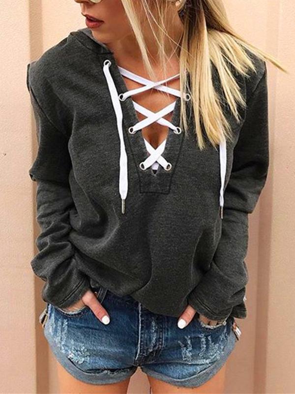 Fashion Woman Daily Hooded Drawstring Plain Hoodies