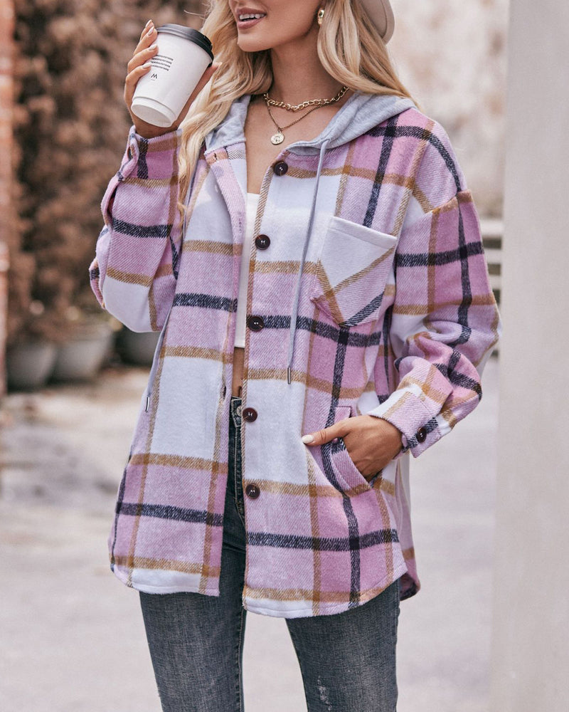 Casual Mid-length Plaid Shirt Hooded Jacket