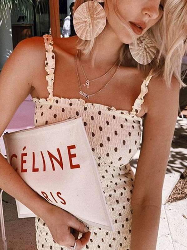 Fashion Wooden ear sling pleated polka dot vacation dress
