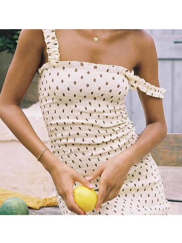 Fashion Wooden ear sling pleated polka dot vacation dress
