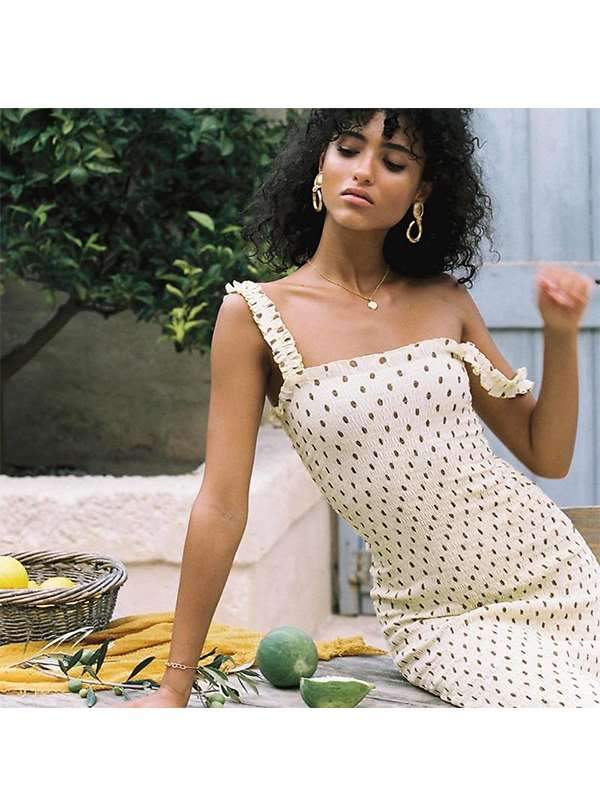 Fashion Wooden ear sling pleated polka dot vacation dress
