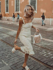 Fashion Wooden ear sling pleated polka dot vacation dress