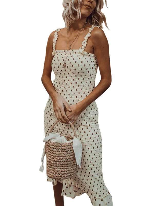 Fashion Wooden ear sling pleated polka dot vacation dress