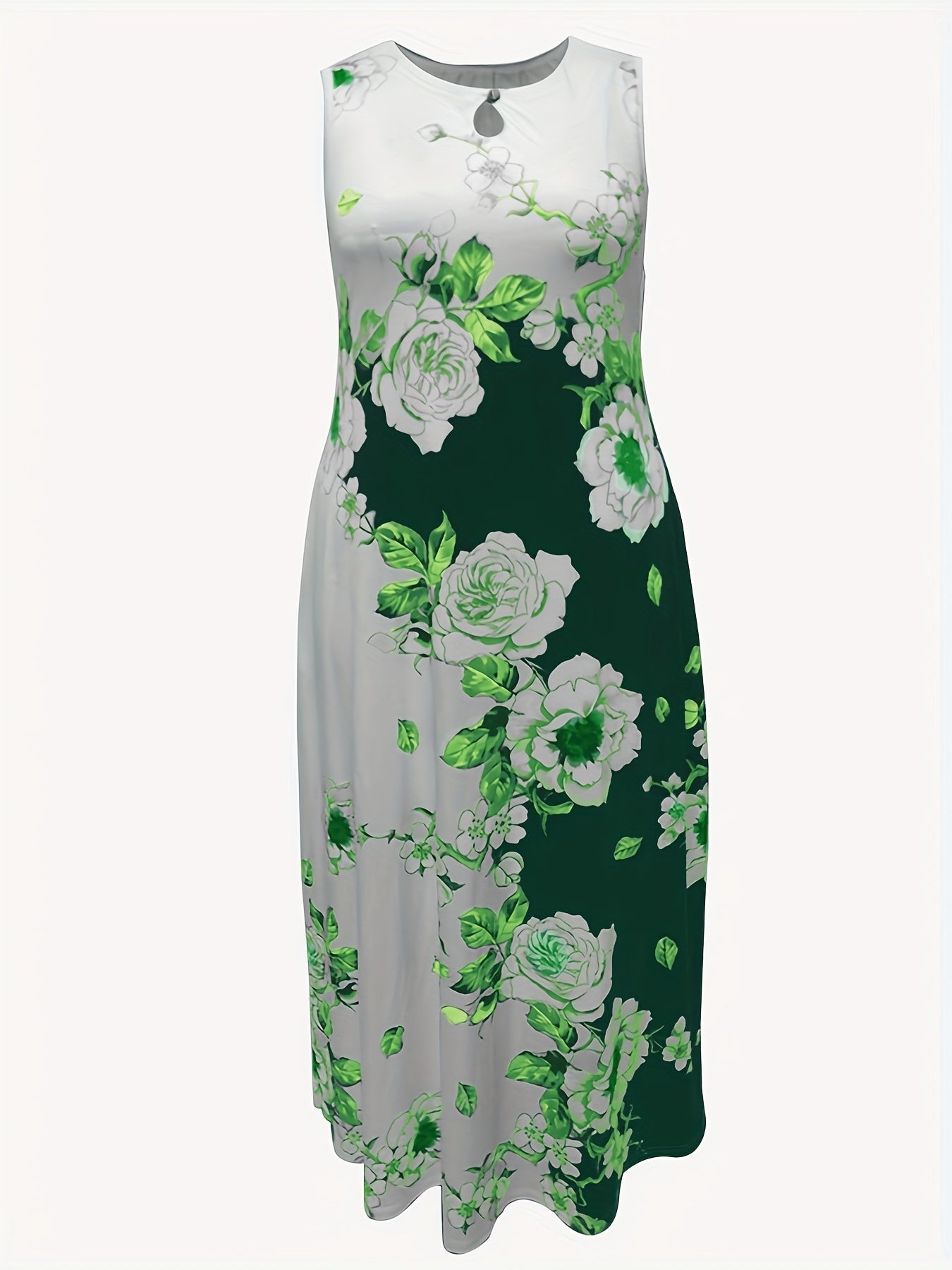 Plus Size Casual Tank Dress, Women's Plus Colorblock Floral Print Cut Out Round Neck Medium Stretch Maxi Tank Dress