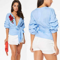 Fashion V neck Gored Embroidery Lacing Half sleeve Blouses