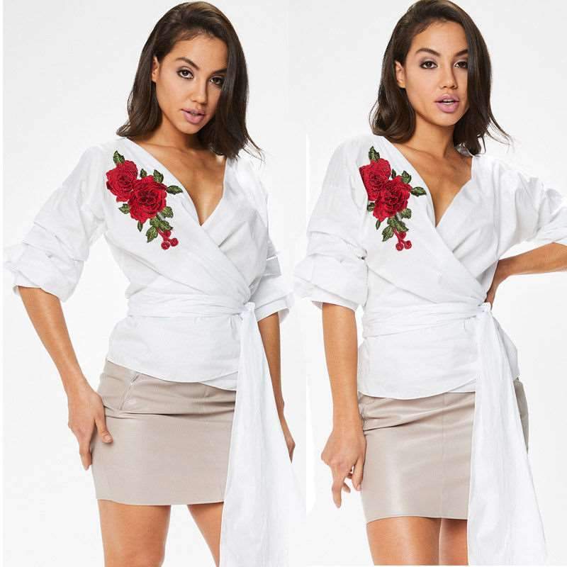 Fashion V neck Gored Embroidery Lacing Half sleeve Blouses