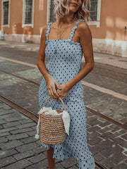 Fashion Wooden ear sling pleated polka dot vacation dress