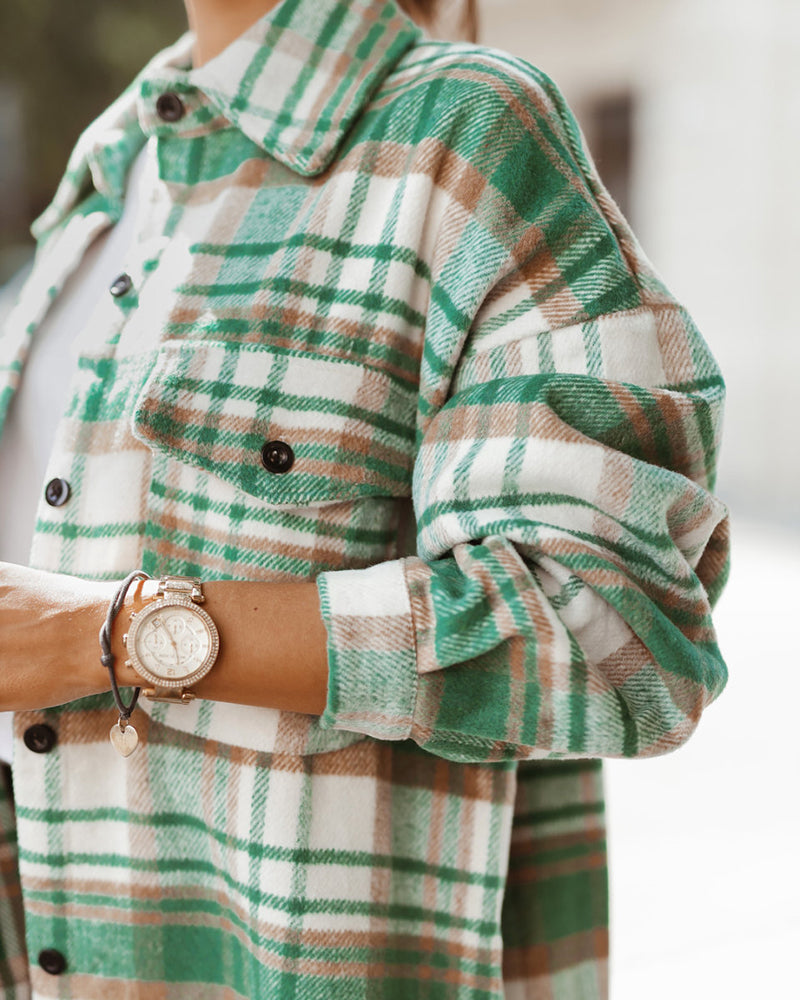 Button Down Oversized Flannel Plaid Print Shirt Jacket