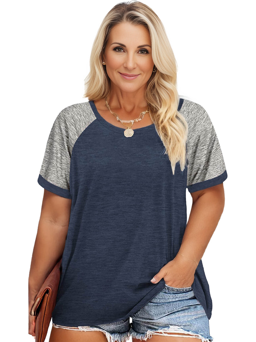 Plus Size Casual T-shirt, Women's Plus Colorblock Short Sleeve Round Neck Slight Stretch T-shirt