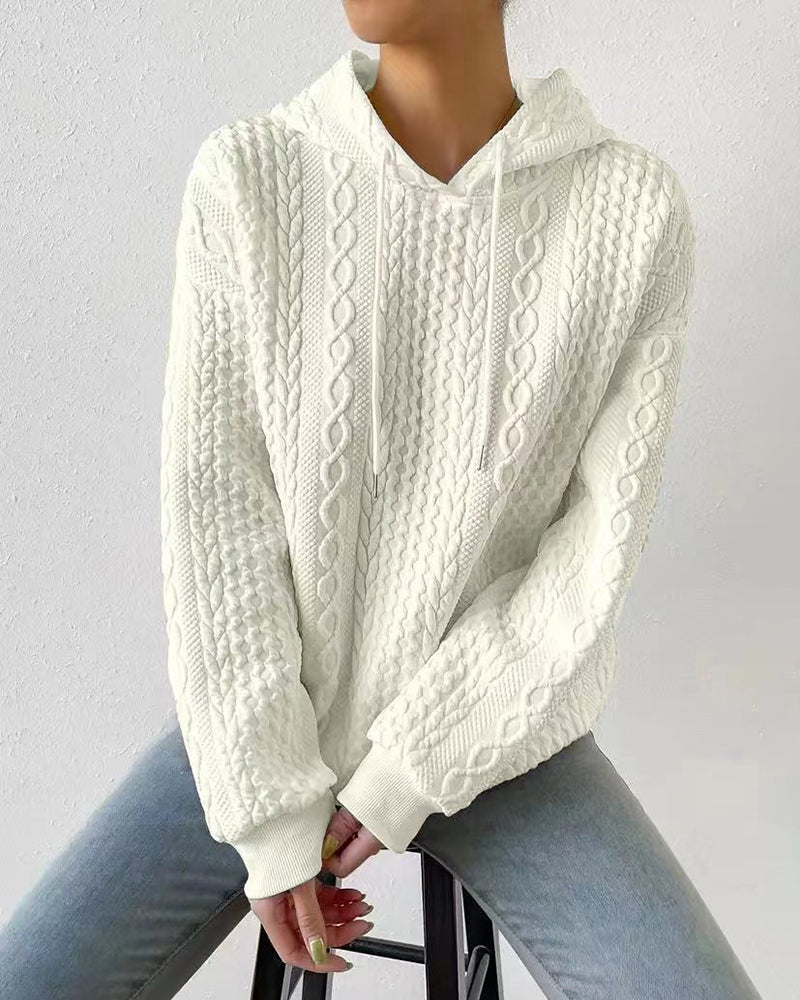 Cable Textured Drop Shoulder Drawstring Hoodie Sweatshirts