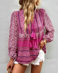 Casual Boho V Neck Top Loose Floral Print Long Sleeve Beach Shirt