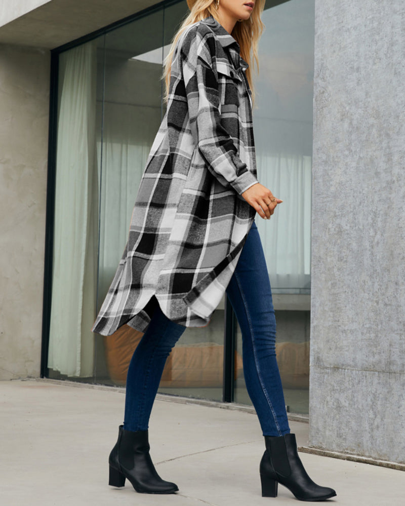 Button Down Plaid Classic Long Shirt Jacket