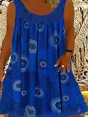 Plus Size Casual Dress, Women's Plus Tile Print Eyelet Embroidered Round Neck Tank Dress