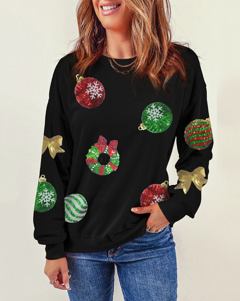 Black Sequined Christmas Graphic Pullover Sweatshirt