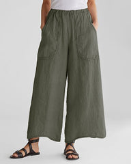 Basic Mid Elastic Waist Wide Legs Cotton Cropped Beach Pants Trousers with Pockets