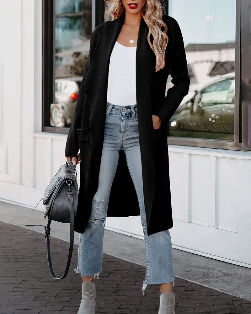 Casual Long Sleeve Draped Open Front Knit Pockets Long Cardigan Jackets Sweater