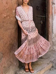 Fashion Women Printed Long Sleeve Long Vaccation Dresses