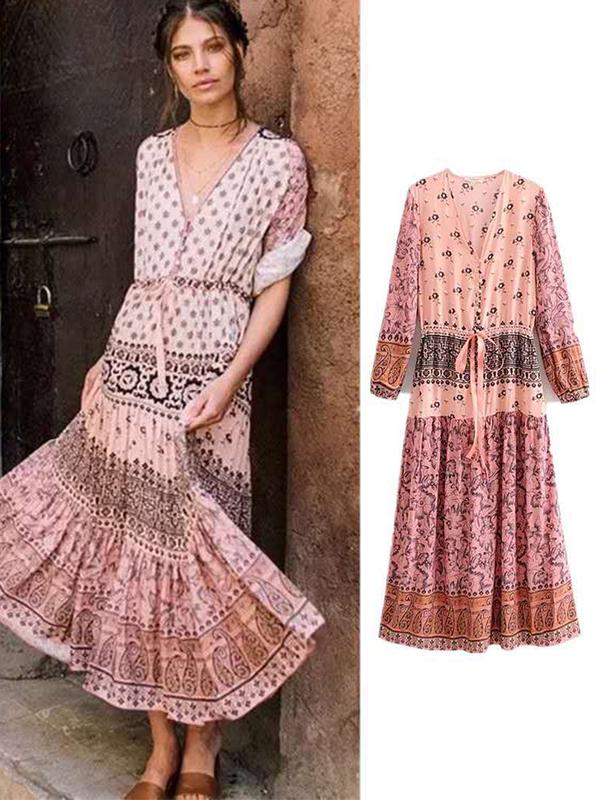 Fashion Women Printed Long Sleeve Long Vaccation Dresses