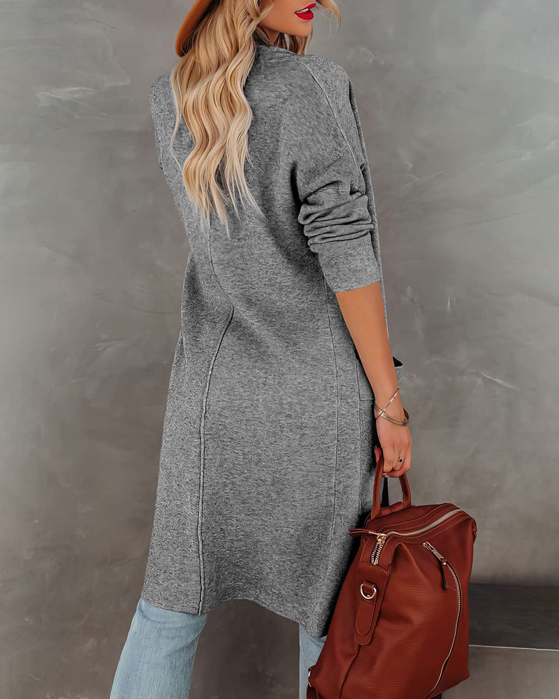 Casual Long Sleeve Draped Open Front Knit Pockets Long Cardigan Jackets Sweater